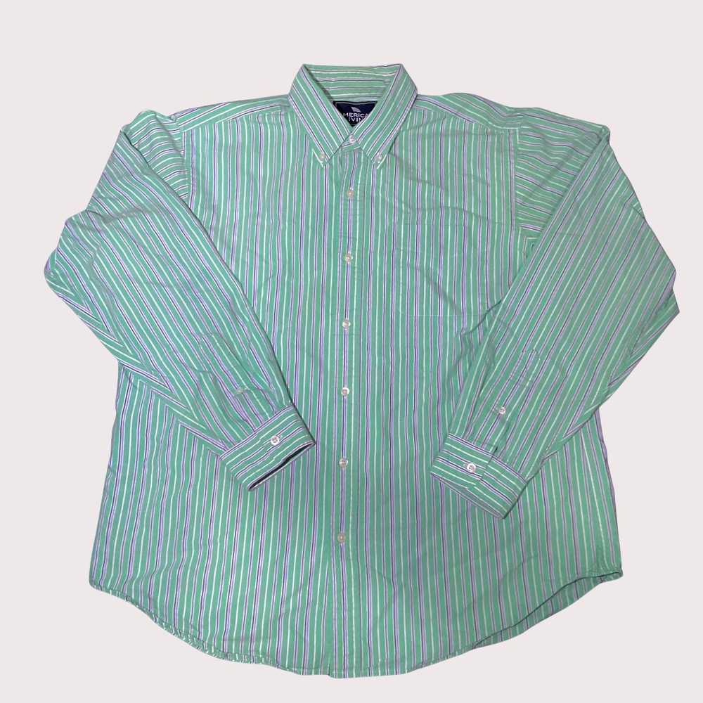 American Living %100 Cotton Button Down Shirt Mens XL Green Pinstripe